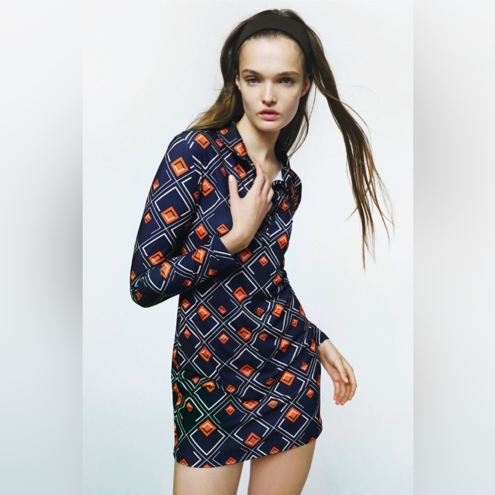 ZARA Geometric Shape Pattern Mini Dress Navy Blue Orange White Size S